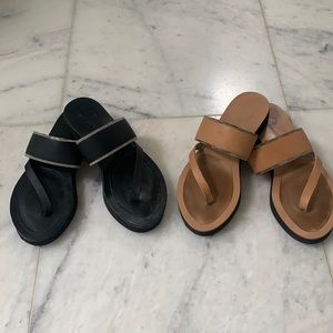 Two pairs of dolman sandals, black and natural